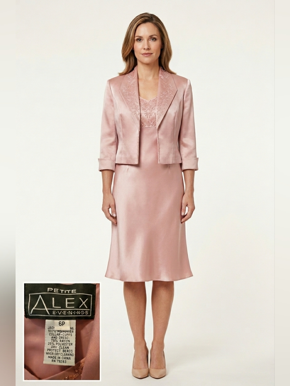 alex evenings 2 piece set Blush Pink Elegant Beading 6P Formal Evening EUC